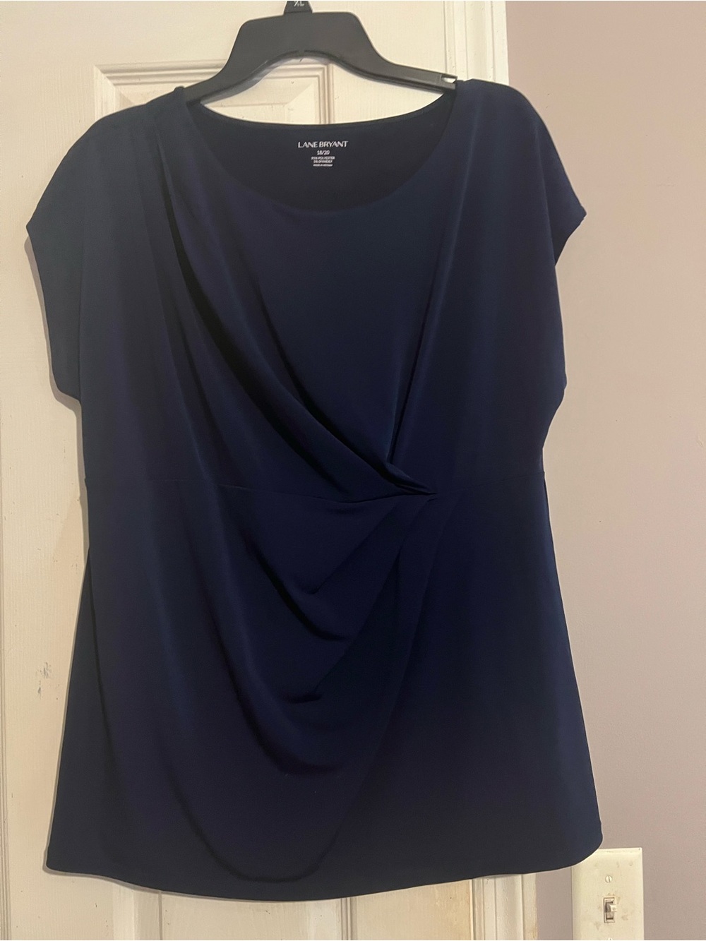 Lane Bryant Navy Short Sleeve Drape Front Blouse